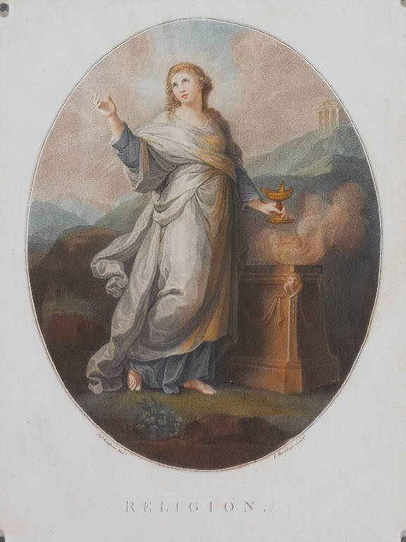 Religione (stampa colorata a mano smarginata) di Kauffmann Angelica Maria Anna, Bartolozzi Francesco (terzo quarto sec. XVIII)