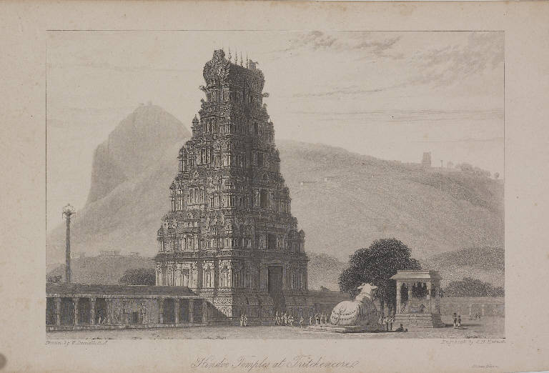 Tempio di Tritchencore (stampa smarginata, elemento d'insieme) di Daniell William, Daniell William, Kernot James Harfield (ultimo quarto sec. XIX)