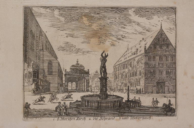 Veduta di una piazza con fontana (stampa, elemento d'insieme) di Kraus Johan Ulrich, Kraus Johan Ulrich, Kraus Johan Ulrich (prima metà sec. XVIII)