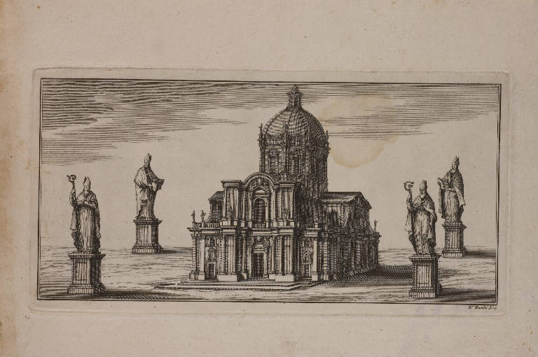 Chiesa e statue di vescovi (stampa, elemento d'insieme) di Zucchi Francesco (prima metà sec. XVIII)