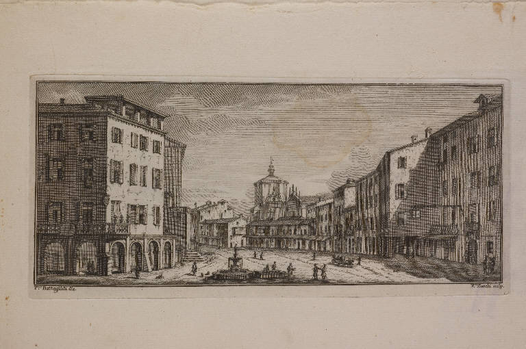 Veduta di una piazza a Brescia (stampa, elemento d'insieme) di Zucchi Francesco, Battaglioli Francesco (prima metà sec. XVIII)