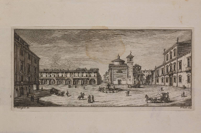 Veduta di piazza Arnaldo da Brescia e chiesa di Sant'Eufemia a Brescia (stampa, elemento d'insieme) di Zucchi Francesco, Battaglioli Francesco (prima metà sec. XVIII)