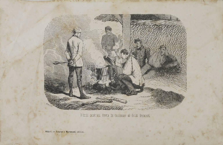 Feriti austriaci cucinano per i feriti francesi (stampa, elemento d'insieme) di Ratti Francesco (terzo quarto sec. XIX)