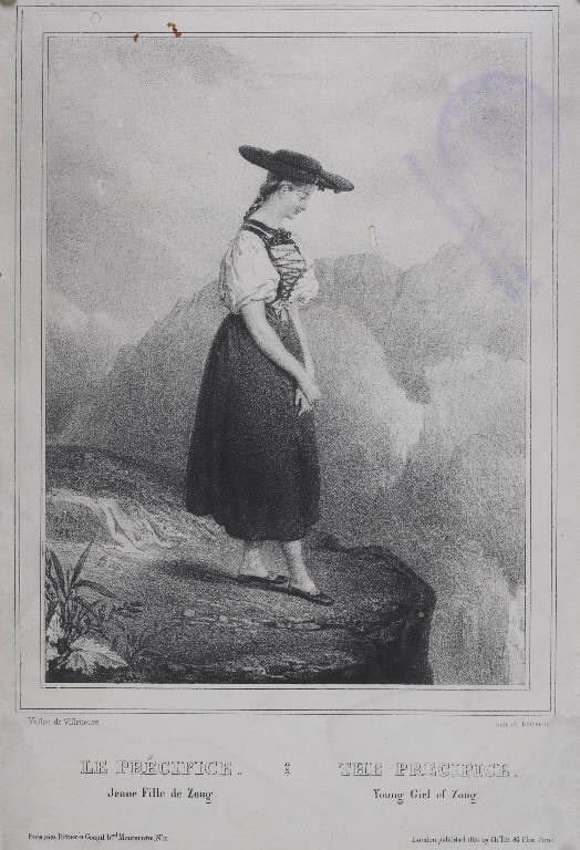 Figura femminile sul margine di un precipizio (stampa) di Vallou de Villeneuve Julien (prima metà sec. XIX)