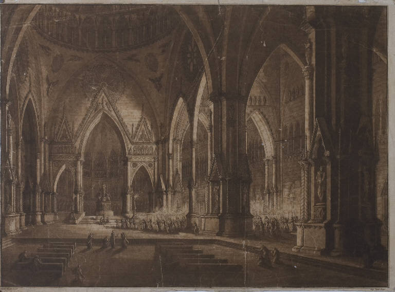 Interno di una chiesa gotica (stampa tagliata) di Basoli Antonio, Basoli Luigi (prima metà sec. XIX)