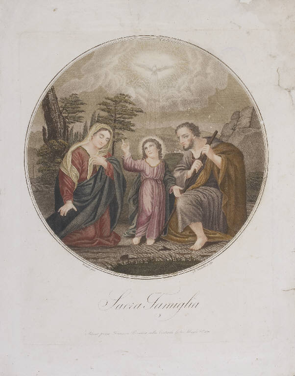 Sacra Famiglia (stampa colorata a mano) di Murillo Bartolomé Esteban, Cavalli Domenico (primo quarto sec. XIX)