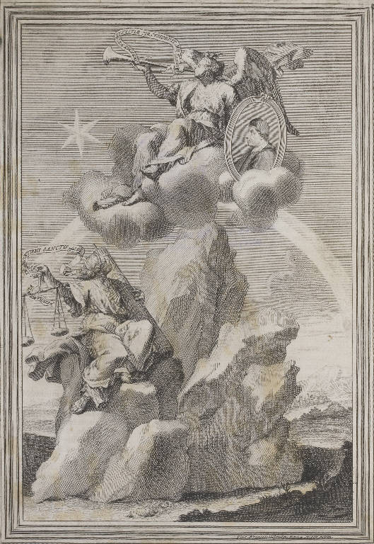 Ritratto di papa con allegorie (stampa tagliata) di Franceschini Vincenzo (prima metà sec. XVIII)