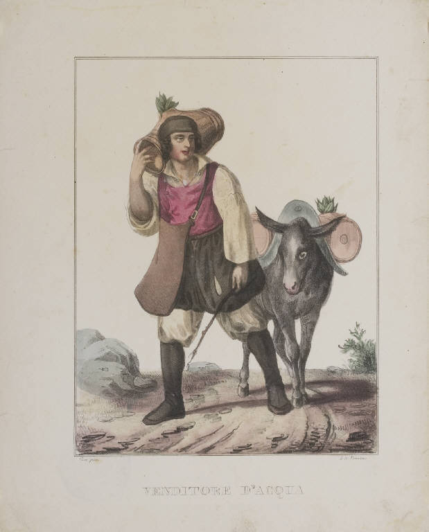 Venditore di acqua (stampa colorata a mano) di Pautas (sec. XIX)