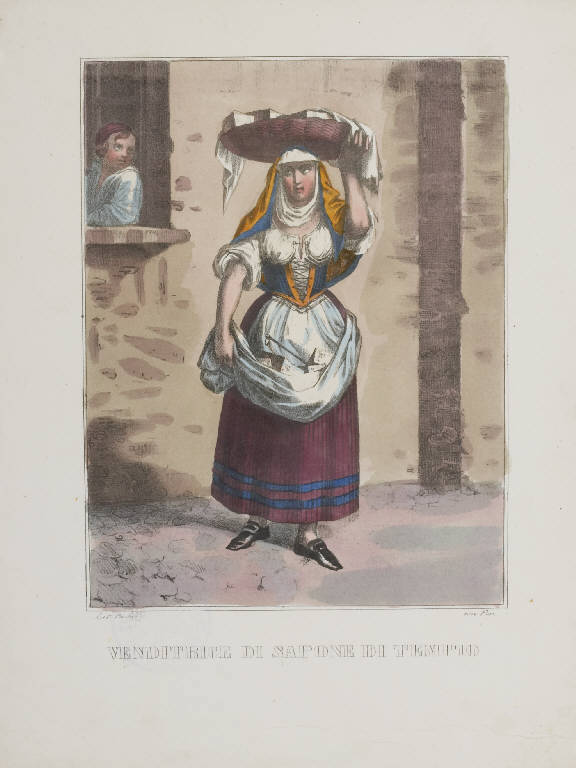 Venditrice di sapone (stampa colorata a mano) di Pautas (sec. XIX)