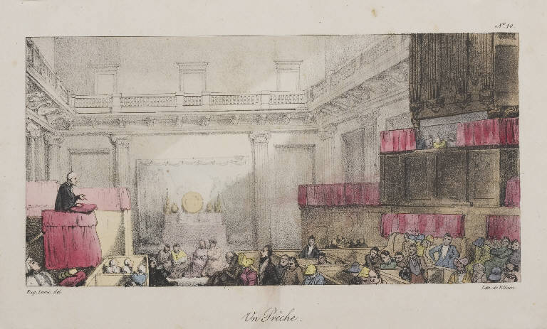 Predica (stampa colorata a mano) di Lami Eugène (sec. XIX)