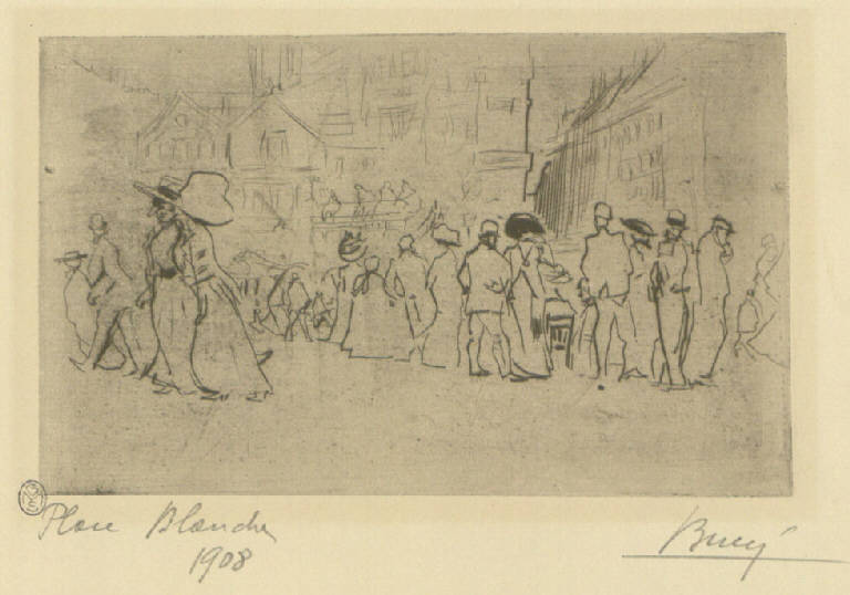Place Blanche, Figure a passeggio (stampa) di Bucci Anselmo (sec. XX)