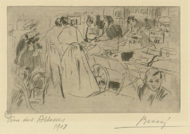 Rue des Abbesses, Donne al mercato (stampa) di Bucci Anselmo (sec. XX)