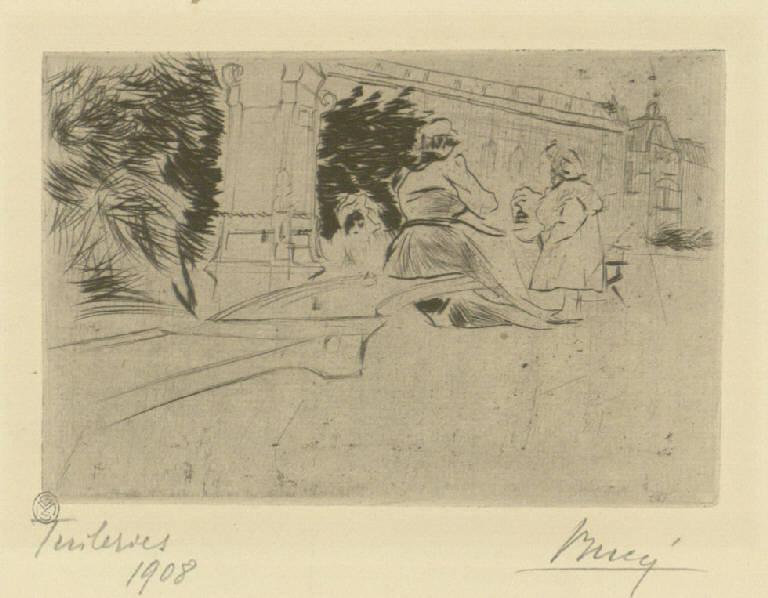 Tuileries, Figure in una piazza (stampa) di Bucci Anselmo (sec. XX)