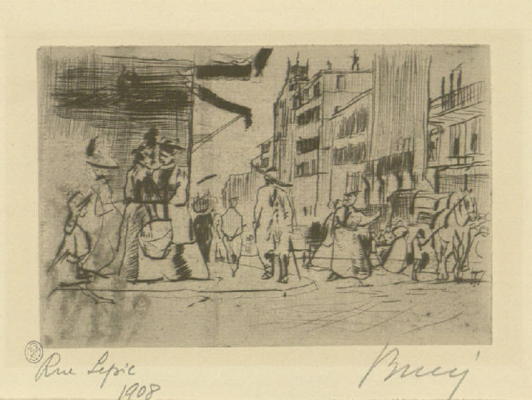 Rue Lepic, Gente a passeggio (stampa) di Bucci Anselmo (sec. XX)