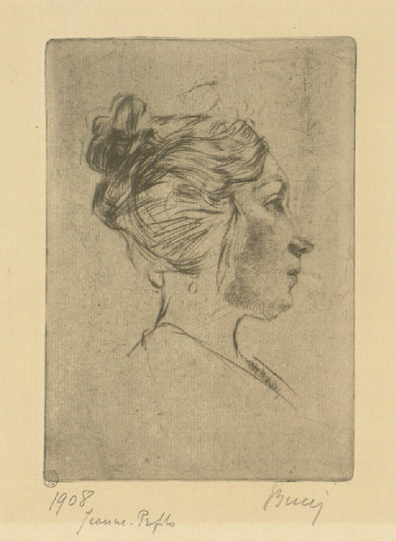 Jeanne. Profilo, Ritratto di Jeanne (stampa) di Bucci Anselmo (sec. XX)