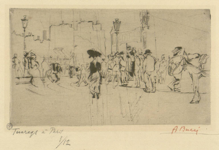 Tuaregs a Paris, Persone a passeggio su una via (stampa) di Bucci Anselmo (sec. XX)