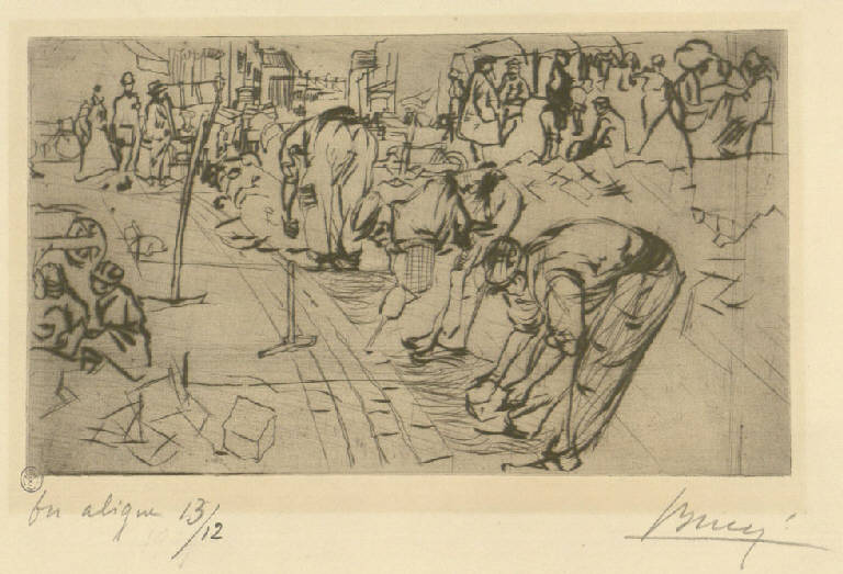 On aligne, Operai che costruiscono una strada (stampa) di Bucci Anselmo (sec. XX)