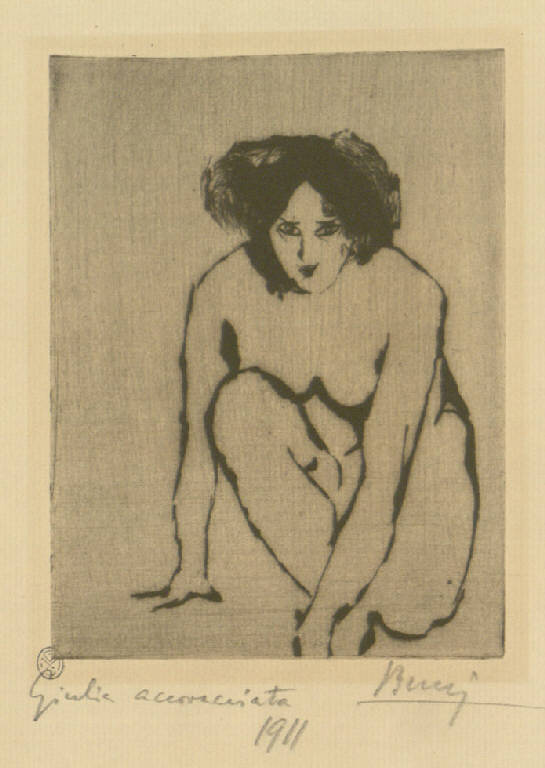 Giulia accovacciata, Nudo femminile accovacciato (stampa) di Bucci Anselmo (sec. XX)