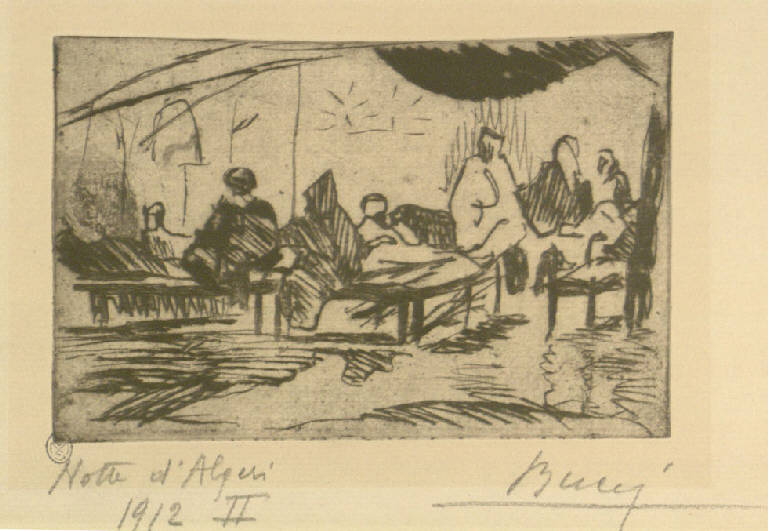 Notti di Algeri Kasbah II, Figure all'interno di un locale (stampa) di Bucci Anselmo (sec. XX)