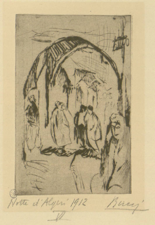 Notti di Algeri Kasbah VI, Scorcio di Algeri con figure (stampa) di Bucci Anselmo (sec. XX)