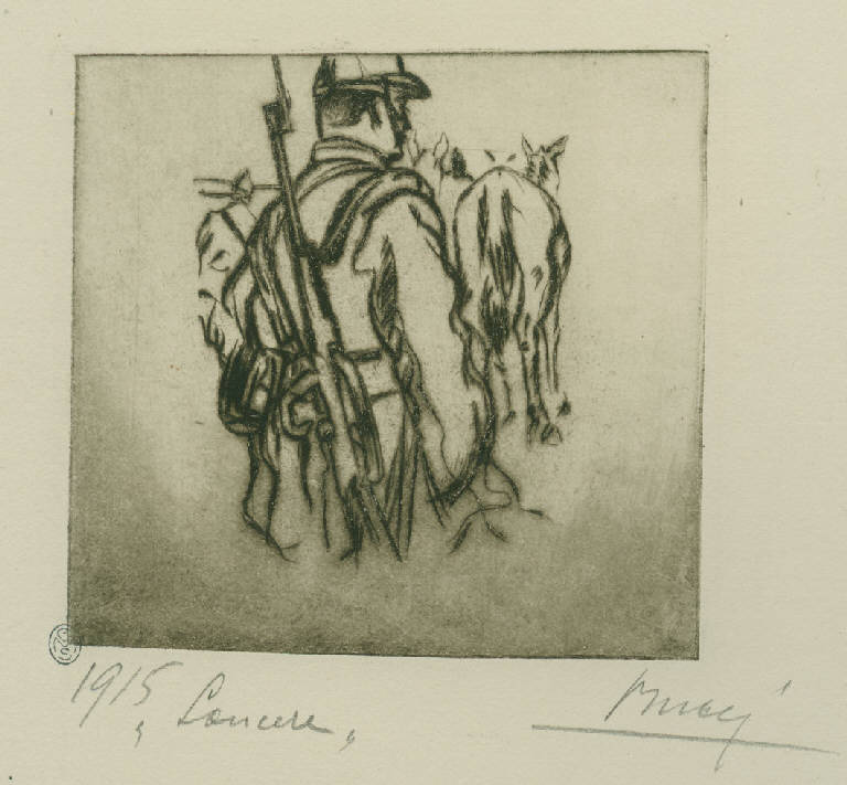 Lancere, Soldato e cavallo (stampa) di Bucci Anselmo (sec. XX)