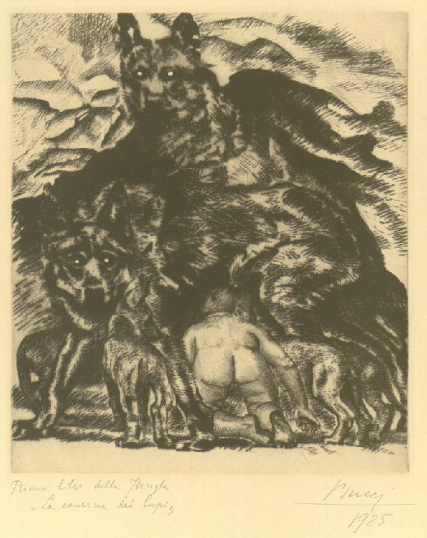 Il figlio di Oloferne, Giovane che mostra la testa di Oloferne ad una donna (stampa) di Bucci Anselmo (sec. XX)