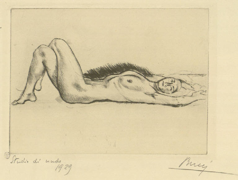 Studio di nudo, Nudo femminile disteso (stampa) di Bucci Anselmo (sec. XX)