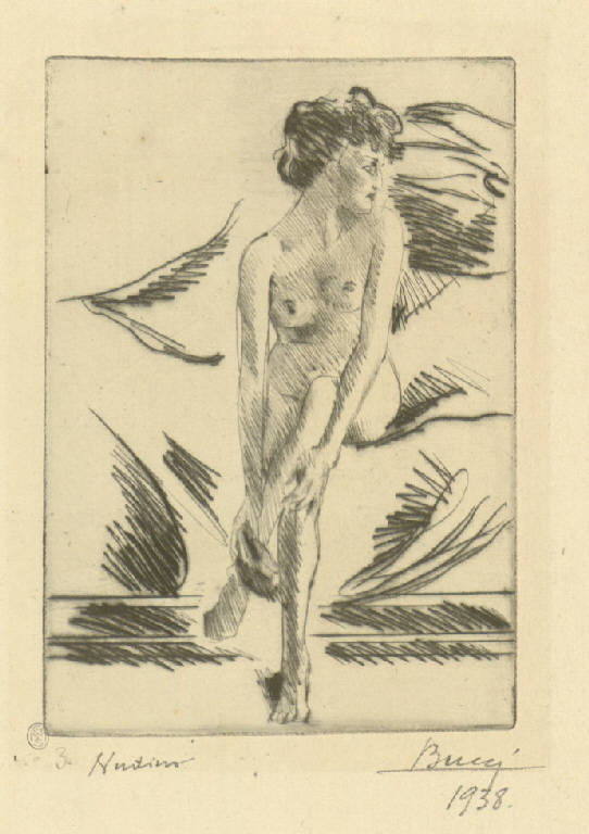 Nudino, Nudo femminile seduto (stampa) di Bucci Anselmo (sec. XX)