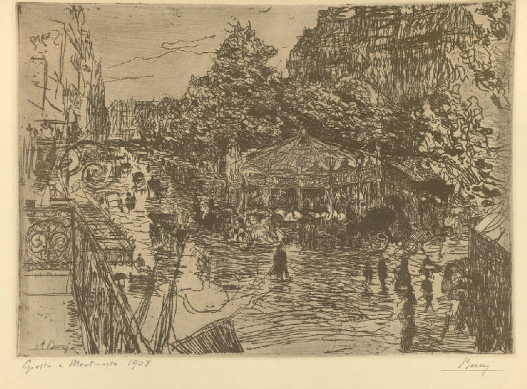 Giostre a Montmartre, Giostra a Montmartre (stampa) di Bucci Anselmo (sec. XX)
