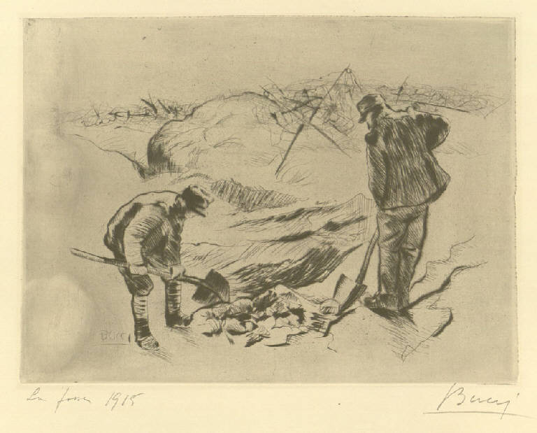 La fossa, Soldati scavano una fossa (stampa) di Bucci Anselmo (sec. XX)