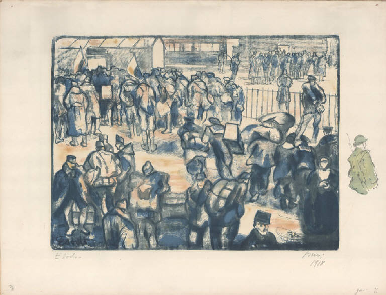 Esodo, Militari su un piazzale con bagagli (stampa a colori) di Bucci Anselmo (sec. XX)