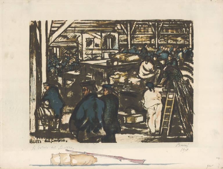 A bordo del Custoza, Marinai a bordo (stampa a colori) di Bucci Anselmo (sec. XX)