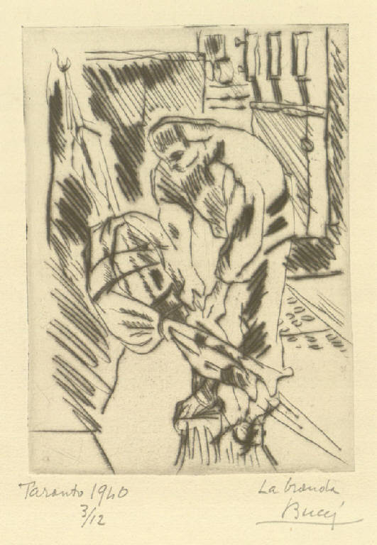 La branda, Marinaio che avvolge un'amaca (stampa) di Bucci Anselmo (sec. XX)