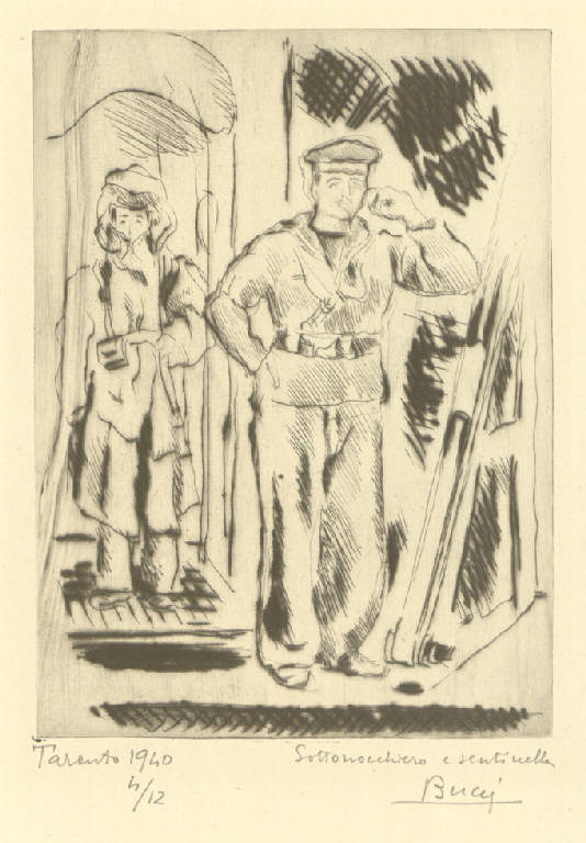 Sottonocchiero e sentinella, Due marinai (stampa) di Bucci Anselmo (sec. XX)