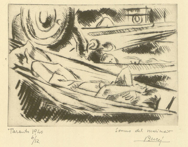 Sonno del marinaio, Marinai stesi su amache (stampa) di Bucci Anselmo (sec. XX)