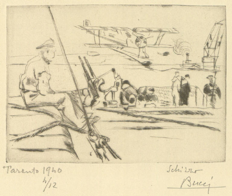Schizzo, Banchina di porto e aereoplano (stampa) di Bucci Anselmo (sec. XX)
