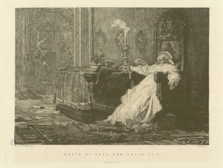 Morte di Papa Bonifazio VIII, Morte di papa Bonifacio VIII (stampa) di Turletti Celestino, Barabino Nicolò (sec. XIX)