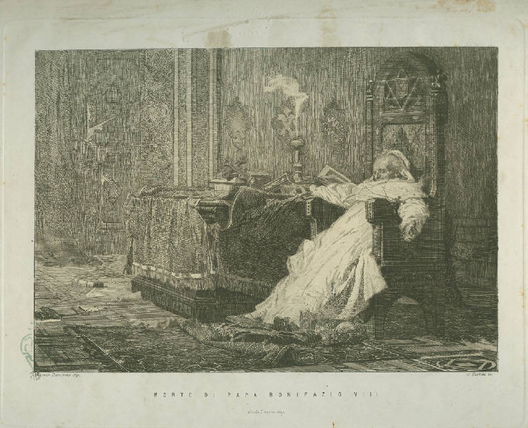 Morte di Papa Bonifazio VIII, Morte di papa Bonifacio VIII (stampa) di Turletti Celestino, Barabino Nicolò (sec. XIX)