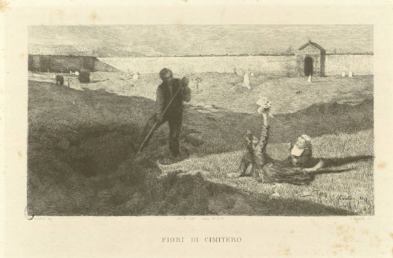 Fiori di cimitero, Necroforo scava una fossa (stampa) di Turletti Celestino, Cavalleri Vittorio (sec. XIX)