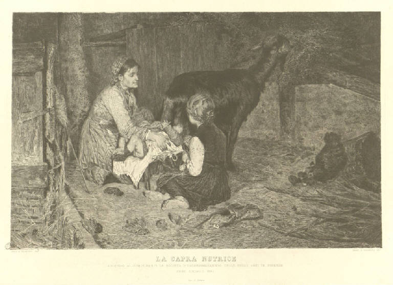 La capra nutrice, Bambino allattato da una capra (stampa) di Turletti Celestino, Cannicci Nicolò (sec. XIX)