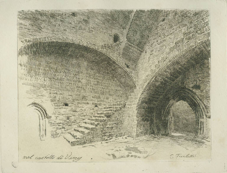 Nel castello di Verres, Interno del castello di Verres (stampa) di Turletti Celestino (sec. XIX)