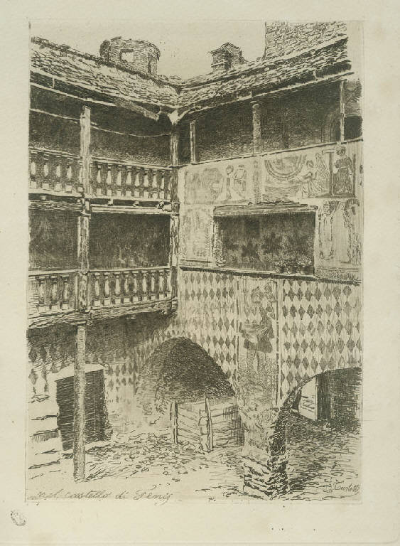 Nel castello di Fenis, Cortile interno del castello di Fenis (stampa) di Turletti Celestino (sec. XIX)