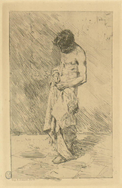 Un pidocchioso, Uomo che si toglie i pidocchi (stampa) di Fortuny y Marsal Mariano (sec. XIX)