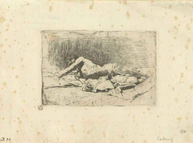 Uomo steso al suolo, Uomo seminudo steso a terra (stampa) di Fortuny y Marsal Mariano (sec. XIX)