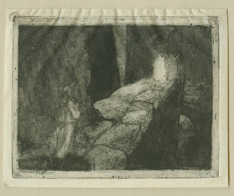 Parsifal. Cammino del Grial, Figura che avanza lungo un sentiero (stampa) di Fortuny y Madrazo Mariano (sec. XIX)