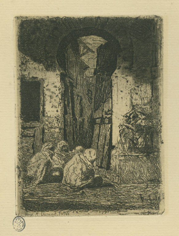 Tangeri, Arabi seduti lungo una strada di Tangeri (stampa) di Fortuny y Marsal Mariano (sec. XIX)