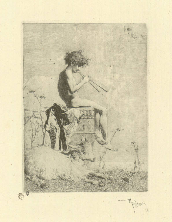 Idillio, Bambino che suona il flauto e capra (stampa) di Fortuny y Marsal Mariano (sec. XIX)