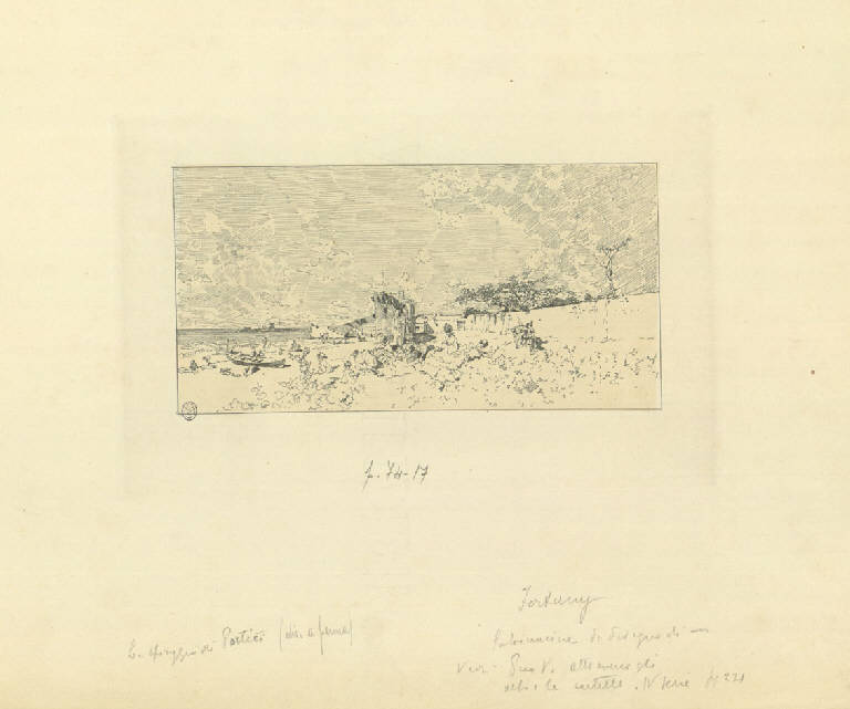 Spiaggia di Portici, Spiaggia con rudere e barche (stampa) di Fortuny y Marsal Mariano (sec. XIX)