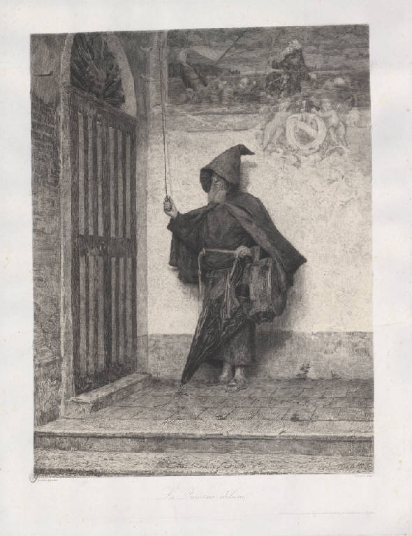 La questua delusa, Frate suona ad una porta (stampa) di Turletti Celestino, Turletti Celestino (sec. XIX)