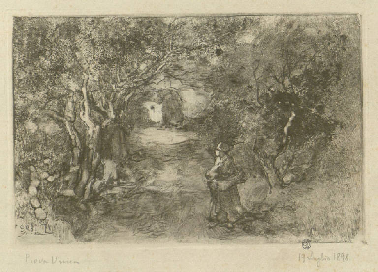 Figura femminile in un bosco, Paesaggio con figura femminile (Stampa) di Mariani Pompeo, Mariani Pompeo (sec. XIX)